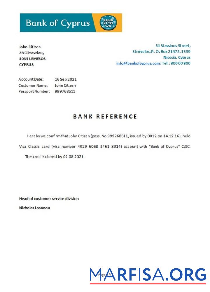 Printable Cyprus Bank of Cyprus closure reference download for verification